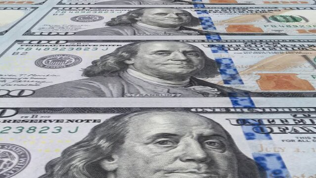 American 100 dollar banknote printing. Business and Finance concepts. Seamless loopable animation.