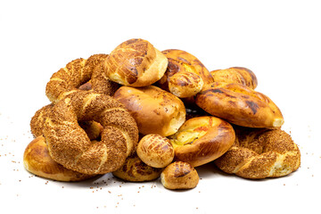 Turkish patisserie products isolated on white background. Turkish Pastries; pogaca, borek, acma, ay coregi. close up