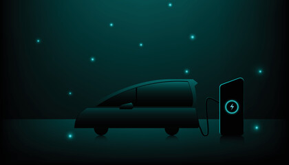 Electric car at charging station. on dark background. EV concept. Vector illustration