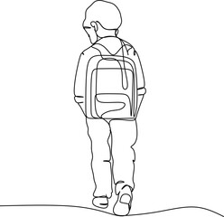 Children going to School with backpacks continuous line drawing, vector graphic. Schoolchildren boy and girl go to school holding hands, simple drawing, black and white illustration