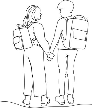 recommend clip art: Children going to School with backpacks continuous line drawing, vector graphic. Schoolchildren boy and girl go to school holding hands, simple drawing, black and white illustration
