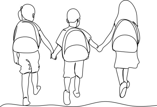 Children Going To School With Backpacks Continuous Line Drawing, Vector Graphic. Schoolchildren Boy And Girl Go To School Holding Hands, Simple Drawing, Black And White Illustration