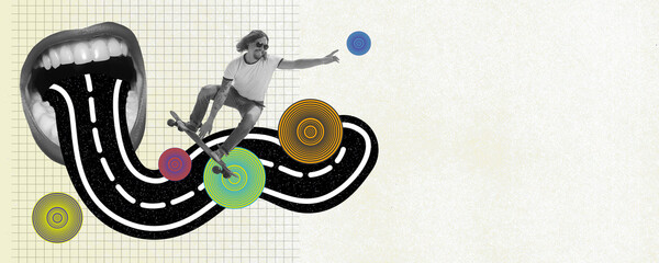 Contemporary art collage. Creative design with young retro man skateboarding, having fun on abstract background. Concept of creativity, surrealism, emotions, imagination. Copy space for ad, poster