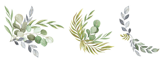 Watercolor compositions with delicate leaves and branches. Blue and green retro bouquets