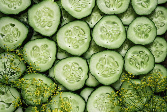 background of green fresh farm edible sliced cucumbers with dill