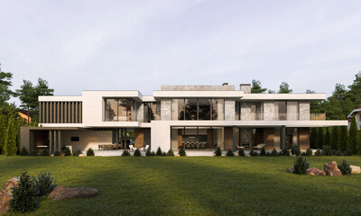 Obraz premium 3D visualization of a modern house with a terrace and panoramic windows. Modern architecture.