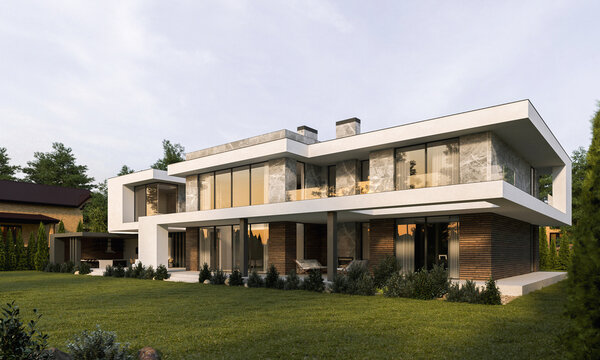 3D visualization of a modern house with a terrace and panoramic windows. Modern architecture.