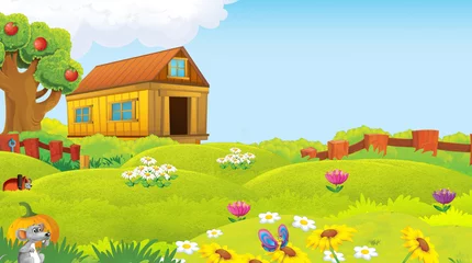 Gartenposter cartoon scene with farm animal on ranch farm having fun illustration © honeyflavour