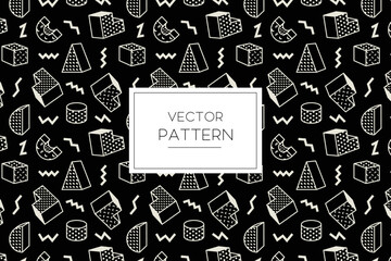 Geometric square 3d with zigzag lines white shapes seamless repeat pattern on a black background