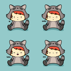 vector illustration of cute baby boy emoji wearing raccoon costume
