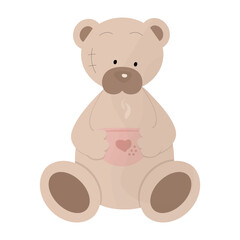 Cute teddy bear with a cup of warm tea
