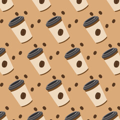 Pattern cup of coffee with beans. Brown pastel color.