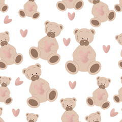 Seamless pattern cute teddy bear with hearts
