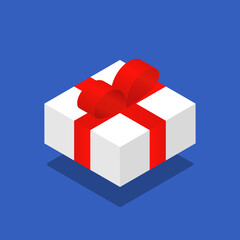 Gift parcel in 3d with red ribbons and bow, vector