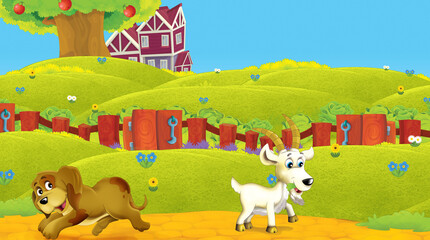 cartoon scene with animal on ranch farm having fun illustration