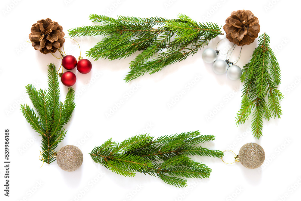 Wall mural christmas decoration with fir branches and toy balls, isolated on white background