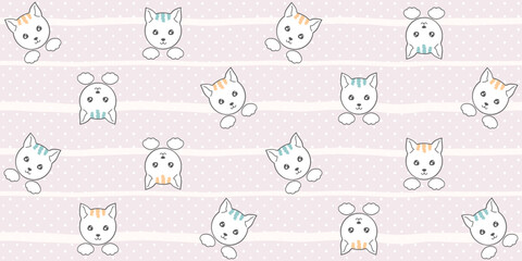 White cat faces and paws on a pale pink striped background with polka dots. Endless texture with cute kittens. Vector seamless pattern for cover, wrapping paper, surface texture, nursery room or print