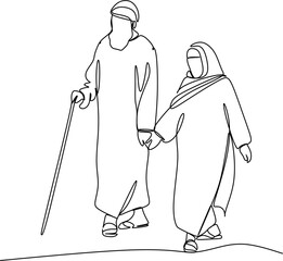 Elderly couple in continuous line art drawing style. Senior man and woman walking together holding hands. Minimalist black linear sketch isolated on white background. Vector illustration
