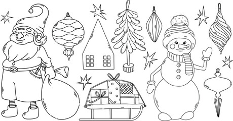 Santa Claus, snowman, gifts and Christmas elements coloring page black outline	