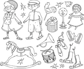 Vintage Christmas elements coloring page black outline	