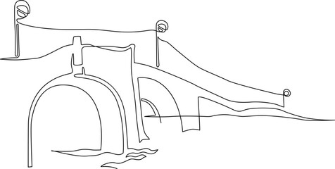 Strong stone bridge in medieval style over the river. Lanterns on the bridge. Continuous line drawing. Vector illustration.