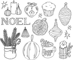 Hygge Christmas cozy elements black outline for coloring page