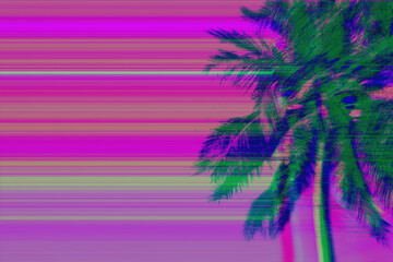 Fototapeta na wymiar Bright green and pink holographic neon colored abstract palm leaves on blue background with interlaced digital Motion glitch effect. 90s night club jungle beach summer party retro style flyer template