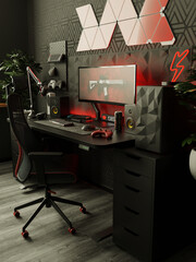 A general view of the comfortable workplace of a professional gamer and cybersprotsman. The interior is in dark colors. 3D render. - obrazy, fototapety, plakaty
