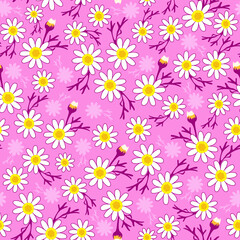floral print. ditsy daisy flower with pink background. white daisy seamless pattern. purple lilac background. good for fashion, fabric, dress, wallpaper.
