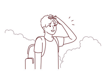 Young man with backpack stand in bushes looking for road. Millennial guy traveler get lost in park searching way out. Travel and navigation. Vector illustration. 