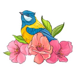 bird and flowers on white background 