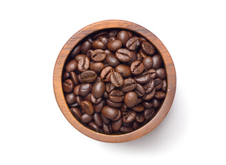 Fototapeta premium Flat lay of Roasted Coffee beans in wooden bowl isolated on white background. Clipping path.