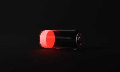 low battery isolated on black background. red neon light. transparent glass battery concept. 3d rendering