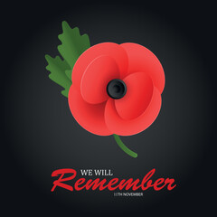 The remembrance poppy - poppy appeal. Poppy flower on black background. Decorative flower for Remembrance Day, Memorial Day, Canada and Great Britain. EPS10 vector.