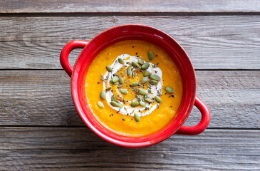 Pumpkin cream soup with seeds. Healthy eating. Vegetarian food. Diet.