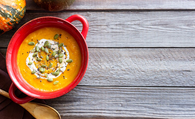 Pumpkin cream soup with seeds. Healthy eating. Vegetarian food. Diet.