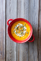 Pumpkin cream soup with seeds. Healthy eating. Vegetarian food. Diet.