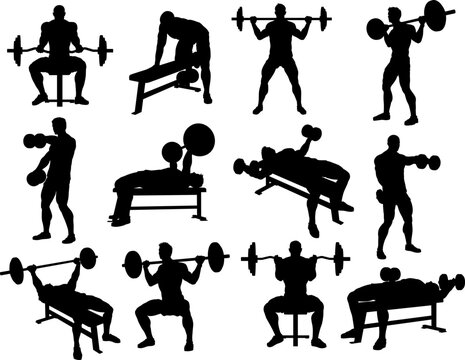 A weight lifting muscle man or bodybuilder weightlifting weights in silhouette set