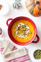 Pumpkin cream soup with seeds. Healthy eating. Vegetarian food. Diet.