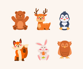 Cute sitting baby animals vector cartoon illustration. Jungle baby animals. Jungle characters - bear, fox, penguin, deer, rabbit, and owl . Cute jungle animals