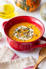 Pumpkin cream soup with seeds. Healthy eating. Vegetarian food. Diet.