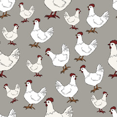 Seamless pattern with white hen chicken cartoon character on grey background