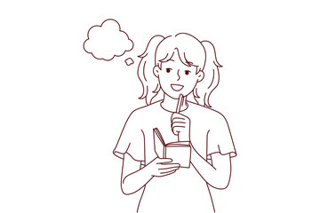 Smiling girl take notes in notebook make plans or dreams. Happy child handwrite in notepad brainstorming or daydreaming. Vector illustration. 