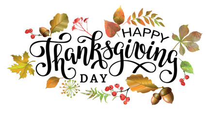 Thanksgiving Day lettering with autumn plant elements. Celebration handwritten phrase Happy Thanksgiving for postcard, icon, logo or poster.