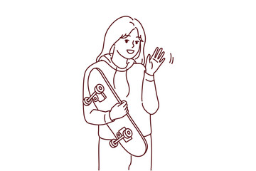 Obraz premium Portrait of smiling millennial girl with skateboard posing outdoors. Happy young woman with board enjoy sport activity. Skateboarder hobby. Vector illustration.