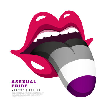 Red lips with a protruding tongue painted in the colors of the flag of asexual pride. A colorful logo of one of the LGBT flags. Sexual identification.
