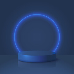 Blue Cylinder Podium Illuminated with Neon Round Lamp on Dark Blue Background. Vector illustration.