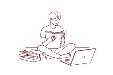 Guy sit on floor study on compute read textbooks prepare for exam. Focused male student enjoy books reading use computer for school preparation. Vector illustration. 