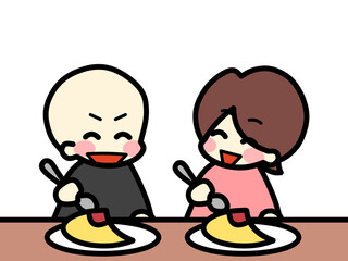 夫婦でオムライスを食べるイラスト素材
