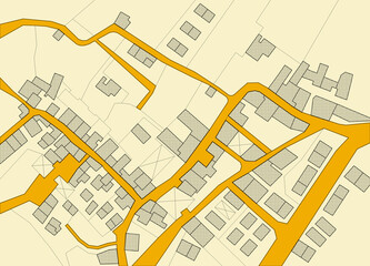 Imaginary cadastral map with buildings, land parcel, vacant plot and roads